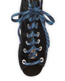 Velvet Lace-Up Wedge Bootie, Nero