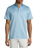Tonal-Herringbone Striped Lisle Knit Polo Shirt, Dusty Sky