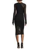 Long-Sleeve Netted Mesh Top, Black