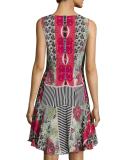 Sleeveless Geometric-Print Flounce Dress, Red