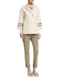 Hooded Coat W/Monili-Striped Sleeves, Butter