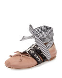 Belted Leather Ankle-Wrap Ballerina Flat, Cameo/Nero