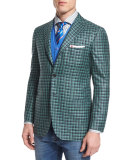 Silk/Cashmere Check Two-Button Jacket w/ Patch Pockets, Green/Navy