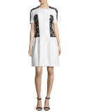 Short-Sleeve Lace-Inset Dress, White/Black