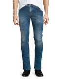 Destroyed Skinny-Leg Bleached Denim Jeans, Blue