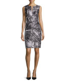 Sleeveless Printed Sheath Dress, Black