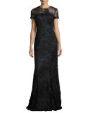 Short-Sleeve Floral Embroidered Illusion Gown, Navy/Black