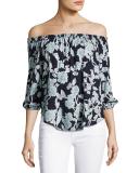 Floral Cold-Shoulder Top, Navy