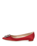 Hangisi Crystal-Buckle Satin Flat, Crimson