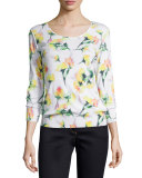 3/4-Sleeve Round-Neck Printed Tee, Multi Colors