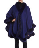 Cashmere Fox Fur-Trim Cape, Cobalt