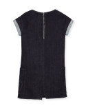 Cap-Sleeve Stretch Denim Shift Dress, Blue, Size 2-5