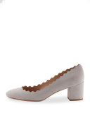 Lauren Scalloped Suede Block-Heel Pump, Elephant Gray