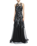 Embroidered Illusion Sleeveless Gown, Black/Silver