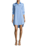 Long-Sleeve Stretch-Poplin Shirtdress, Sky