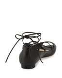 Aneska Leather Lace-Up Open-Toe Flat, Black