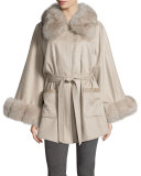 Belted Fox Fur-Trim Cashmere Cape, Taupe