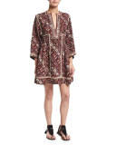 Side-Gather Embroidered Silk Dress, Burgundy