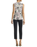 sleeveless v-neck pleated floral top, antilles bubbles