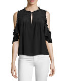 Silk Cold-Shoulder Ruffle-Trim Top