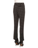 Printed Cady Straight-Leg Cropped Pants, Black