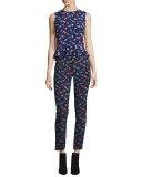 Sleeveless Floral Sakura Peplum Top, Navy