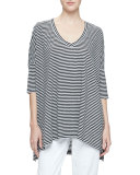 Dolman-Sleeve Striped Linen Tunic, Black/White