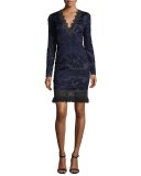 Camden Long-Sleeve Lace Dress w/ Fringe Hem, Navy