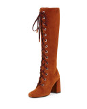Suede Lace-Up Block-Heel Boot, Palissandro