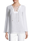 Grommet Lace-Up Linen Tunic, Optic White