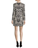 Lace-Up Jacquard Long-Sleeve Dress, Black/White
