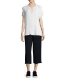 Pintuck Split-Neck Silk Top, Off White
