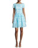 Short-Sleeve Printed Day Dress, Blue