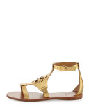 Zoey Leather Logo Flat Sandal, Gold