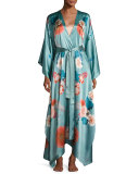 V-Neck Floral-Print Long Satin Wrap Robe, Light Green