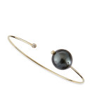 14k Gold Cuff with Black Tahitian Pearl and Single Diamond Caps