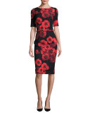 Short-Sleeve Belted Floral Sheath Dress, Red/Black