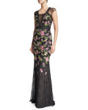 Cap-Sleeve Floral-Embroidered Gown, Black/Multi