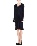 Long-Sleeve V-Neck Pleated Dress, Navy