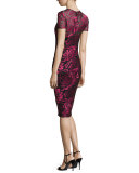 Short-Sleeve Floral Embroidered Sheath Dress, Burgundy