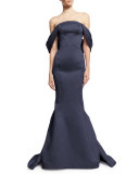 Draped-Shoulder Mermaid Gown, Navy