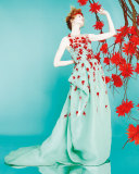 Sleeveless Draped Illusion Gown w/Contrast Floral Appliques, Seafoam
