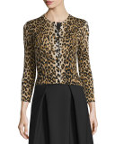 3/4-Sleeve Leopard-Print Cardigan, Black/Camel