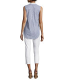 Striped-Combo Sleeveless Shirt, Blue Pattern