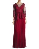 3/4-Sleeve Lace & Chiffon Peplum Gown, Red