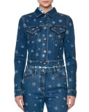 Laser Star-Print Cropped Jean Jacket, Light Blue Denim