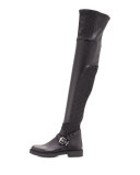 Smocked Leather Over-The-Knee Biker Boot, Nero