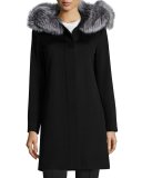 Hooded Wool Fur-Trim Coat, Black