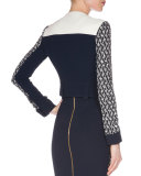 Long-Sleeve Cropped Jacket W/Fringe, Navy/White