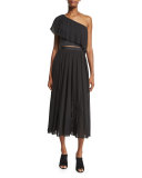 Plisse One-Shoulder Crop Top, Black